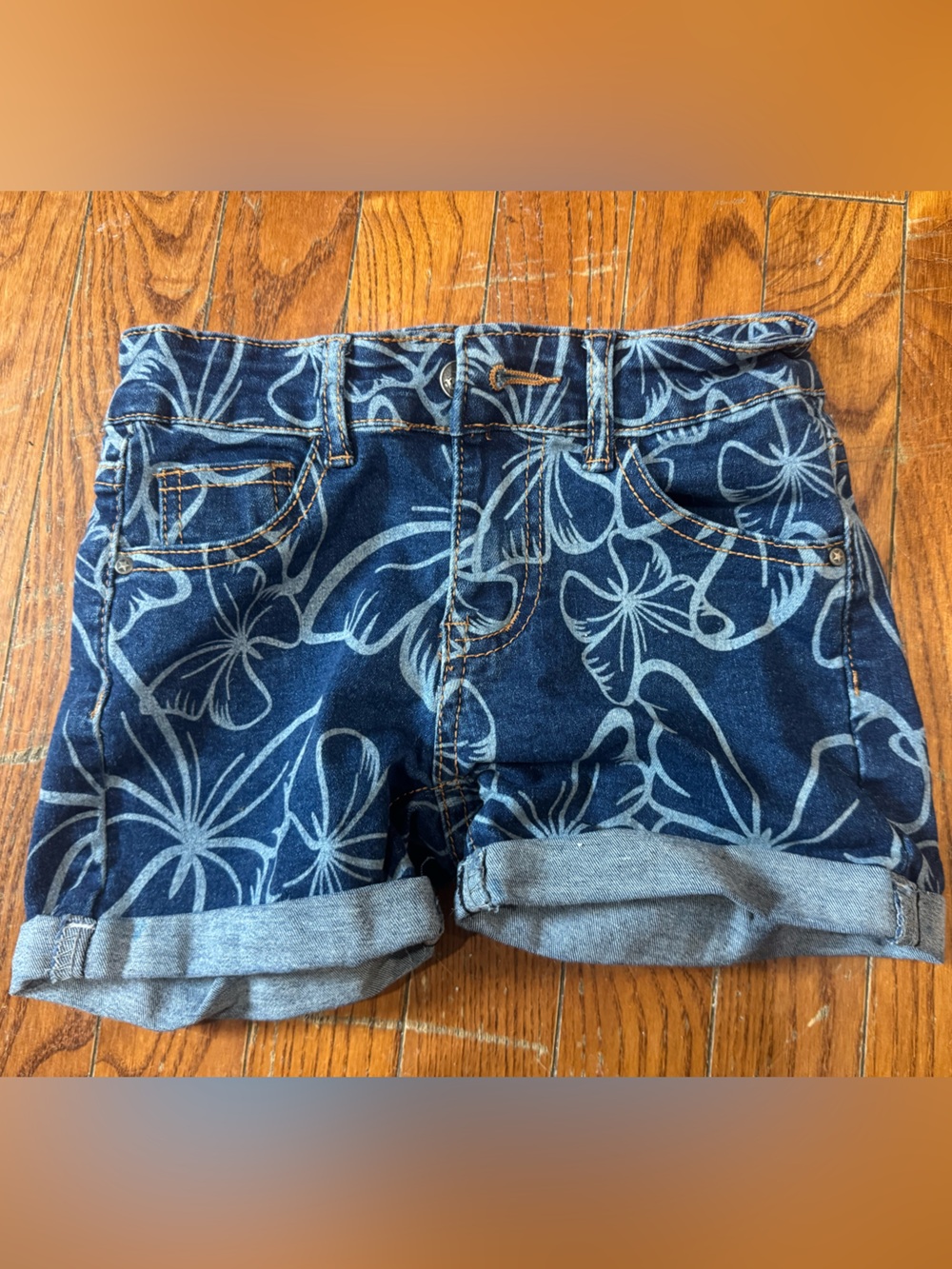 Girls' Floral Print Denim Roll-Cuff Shorts - Navy